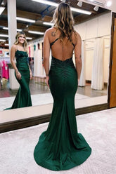 Elastic Satin Beaded Mermaid Spaghetti Straps Prom Dresses